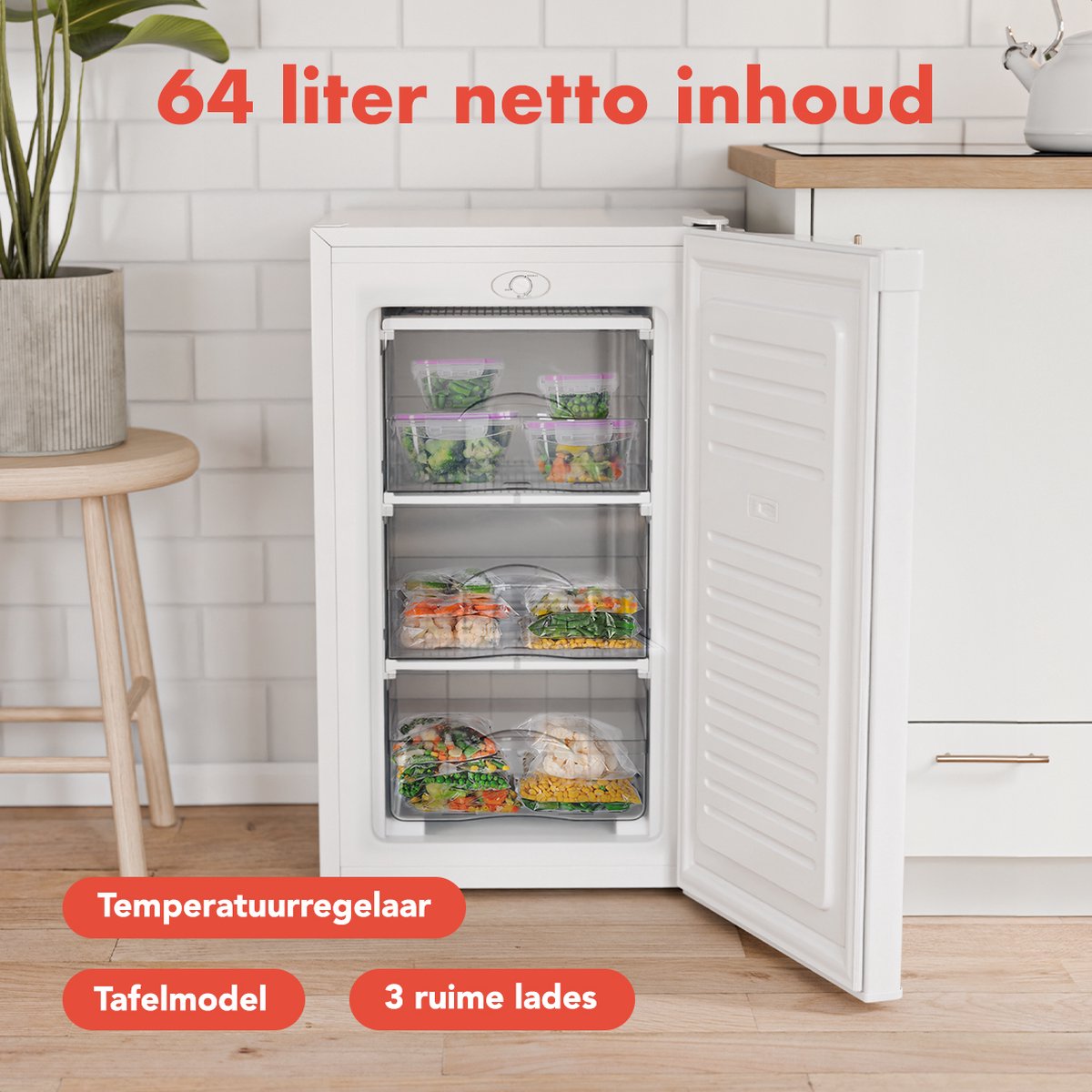 KitchenBrothers Diepvriezer - 64L - Compact Tafelmodel - 3 Vrieslades - Diepvrieskast - Vrijstaand - Wit