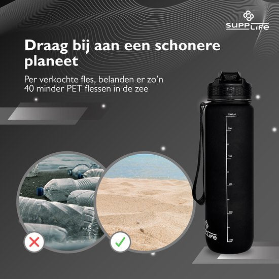 Supplife Motivatie Waterfles 1 Liter met Nederlandse Tekst - Drinkfles met Rietje - Waterfles met Tijdmarkeringen - Zwart