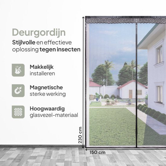 O'DADDY® Deurgordijn Deluxe FIBER - Magnetisch Vliegengordijn - Voor Nieuwbouw en Standaard Deuren - Eenvoudige Installatie - Deurhor Zwart - 150x230 cm