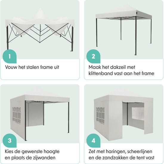 LifeGoods Partytent - 3x3 m - Zijwanden - Easy Up - Paviljoen - Opvouwbaar - Waterdicht - Draagtas met Wieltjes - Wit
