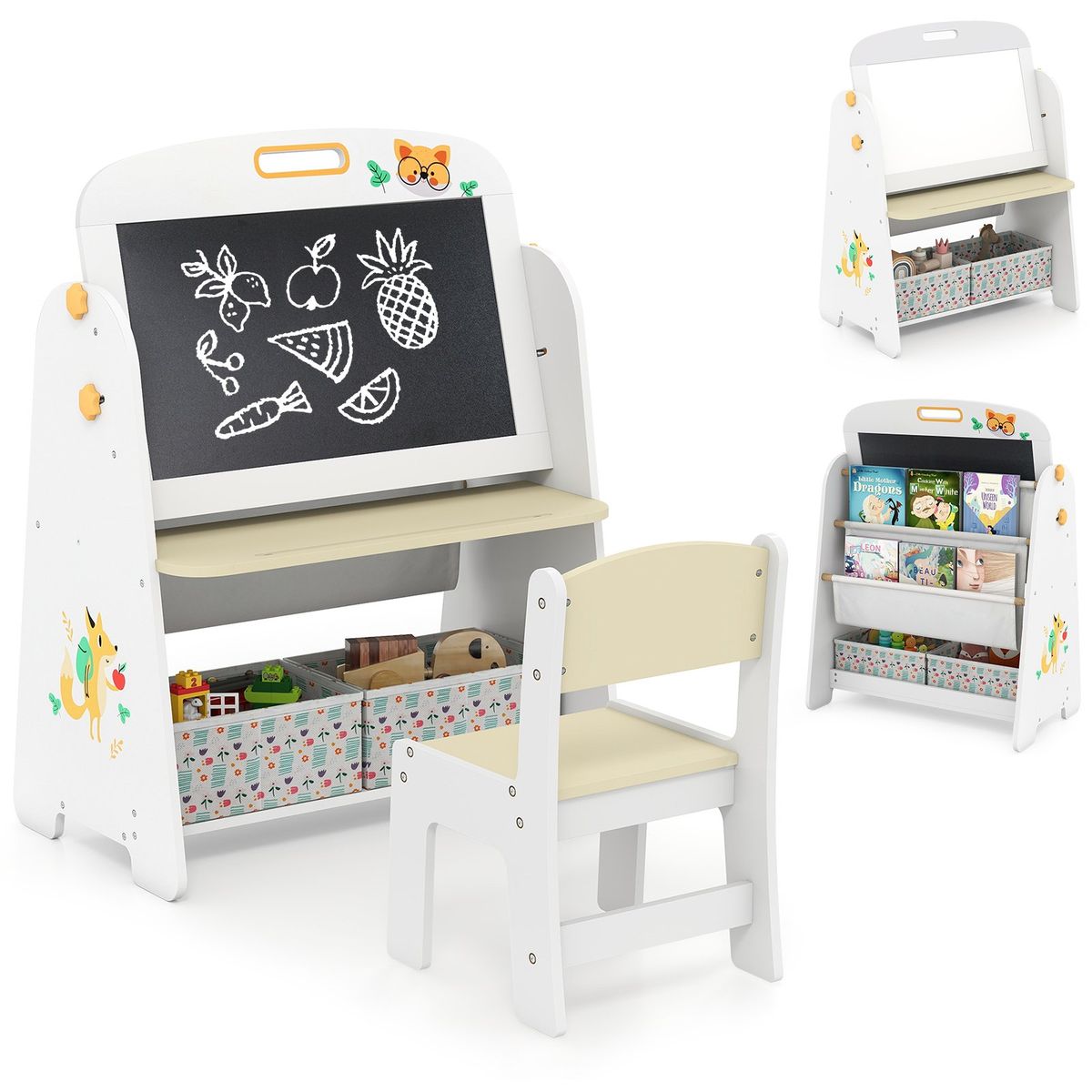 Coast Kindertafelset met Stoel - 4-in-1 ontwerp - Boekenrek en opbergruimte - Natuur