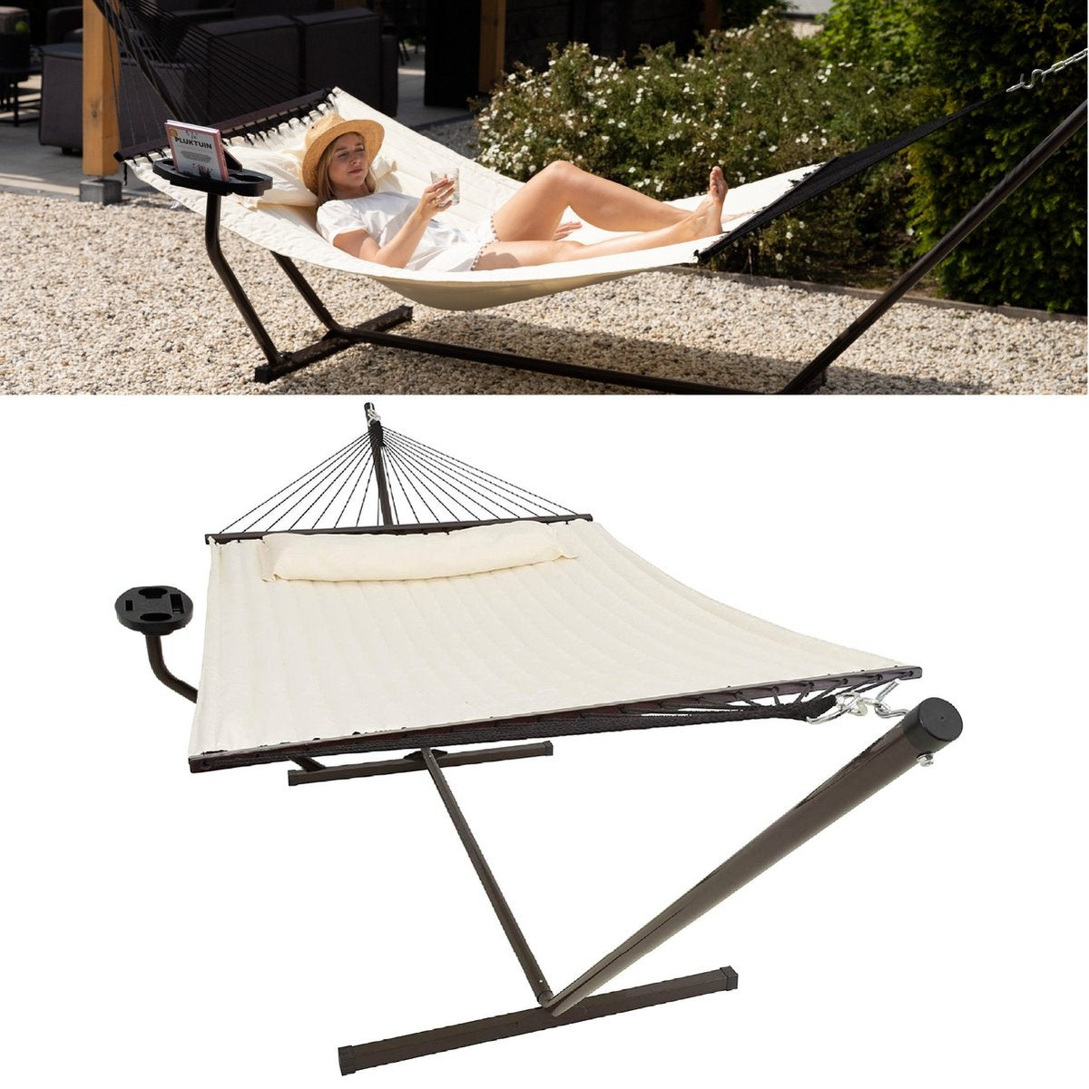 Vita5 Hangmat met Standaard en Spreidstok – 2 Persoons, Incl. Bekerhouder  – max. 200 kg – 350 x 120 x 140 cm – Beige