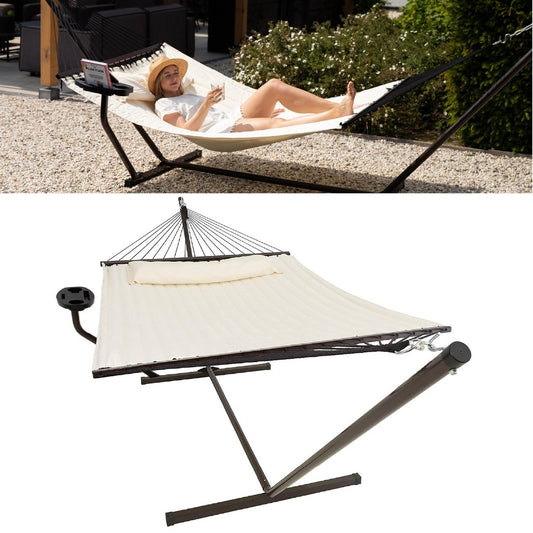 Vita5 Hangmat met Standaard en Spreidstok – 2 Persoons, Incl. Bekerhouder  – max. 200 kg – 350 x 120 x 140 cm – Beige