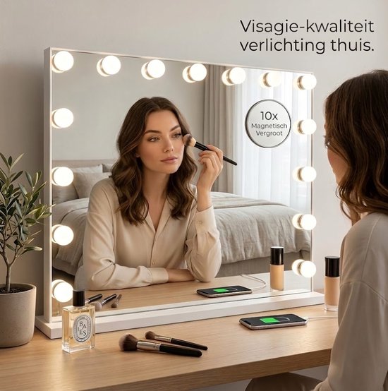 OMNIEXA Hollywood Spiegel 58×46cm – 15 LED Lampen – 3 Lichtkleuren – Dimbaar – 10x Vergroting – USB-C – Make Up Spiegel – Visagie Spiegel – Vanity – Wit