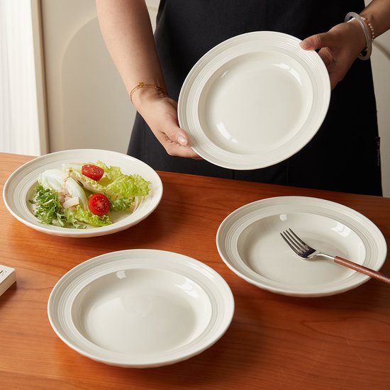 Set van 4 bordenset (Ø20,4cm / 8inch), Ontbijtborden, Pastaborden, serviesset 4 persoons, Geschikt voor restaurants, Horeca, Feest, familiefeesten, banketten en picknicks, Magnetron-vaatwasserbestendig, Keramiek