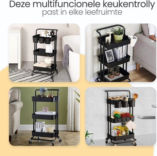 Goliving Keukentrolley op wieltjes - Serveerwagen - Keuken Trolley - Met Haakjes en Bakjes - Verrijdbaar en Vast - 3 Lagen - Zwart