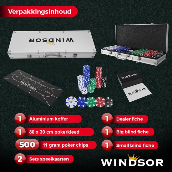 Windsor Pokerset - 500 Chips - PokerKleed - Blinds - Kaarten - Pokerchips - Poker Fiches