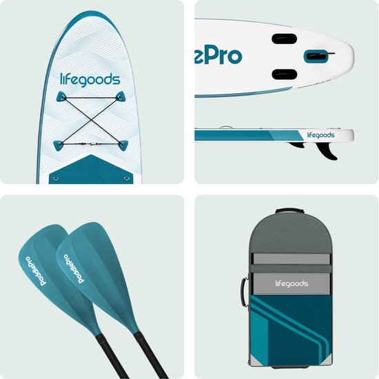 LifeGoods SUP Board Allround Compact - Met Zitje - 100 KG Draagkracht - 300 x 76 cm - Opblaasbaar - Compleet SUP pakket - Deep Aqua
