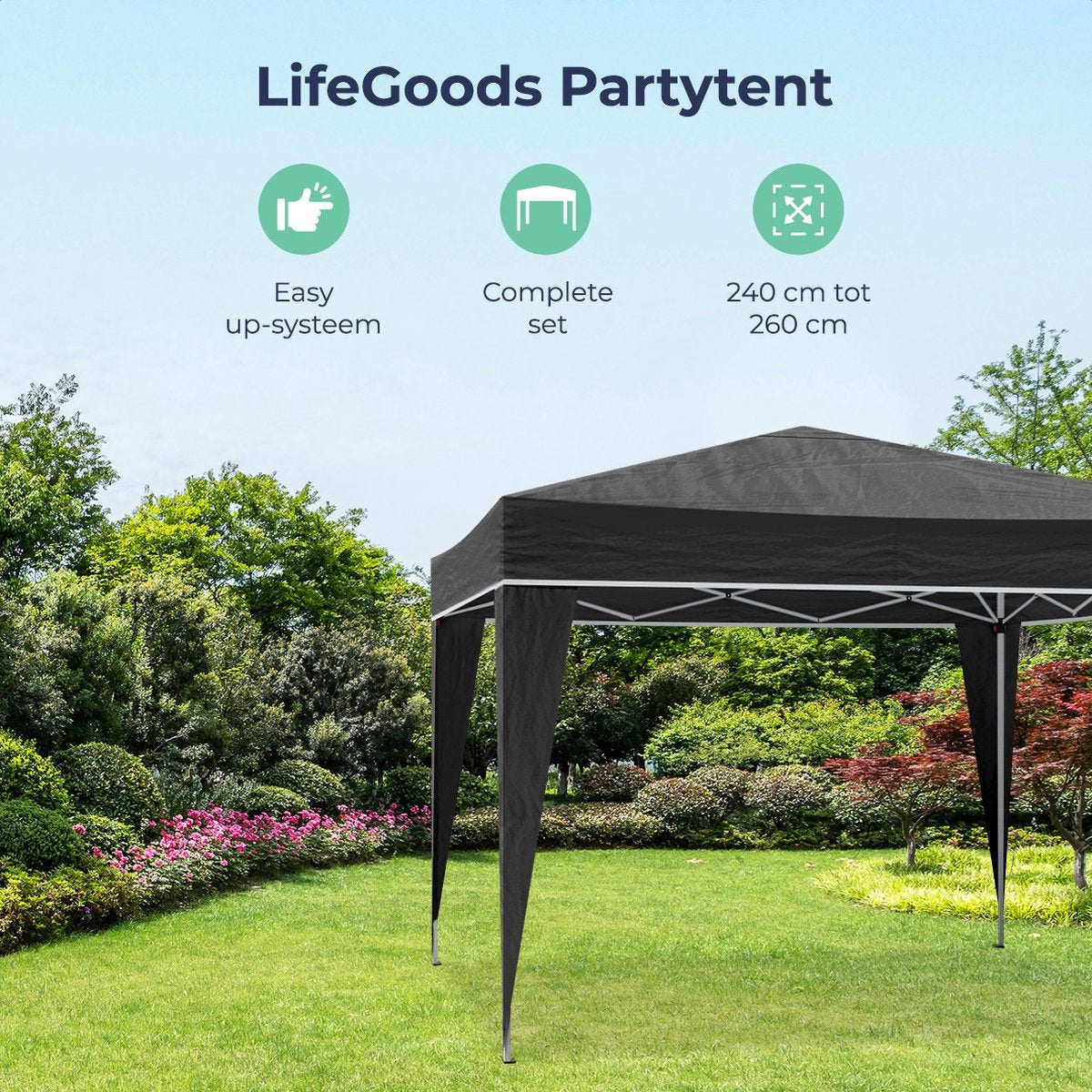 LifeGoods Partytent - Paviljoen - EasyUp - Opvouwbaar - Waterdicht - Met Draagtas - 300 x 300 cm - Zwart