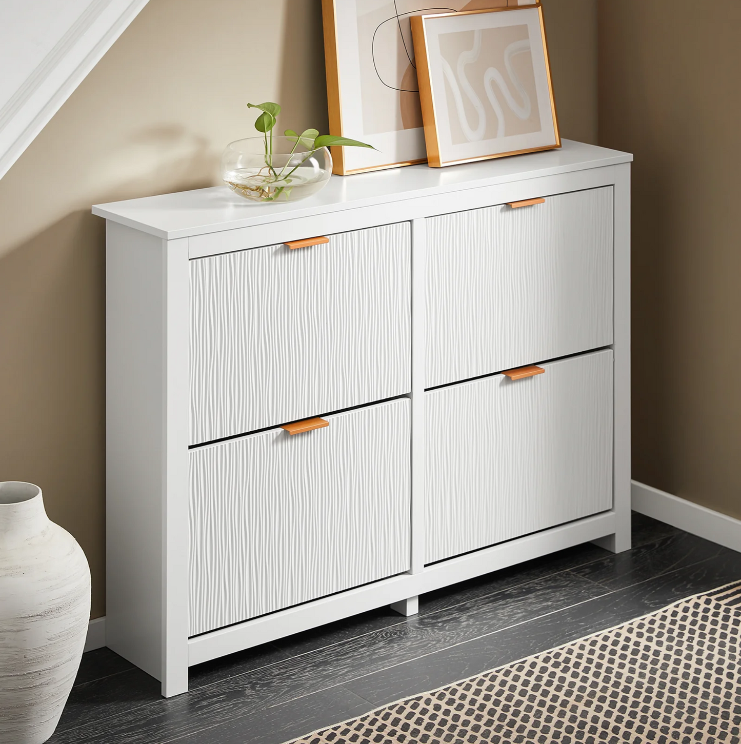 SoBuy FSR186-II-W Schoenenkast – Smalle Opbergkast met 4 Kleppen, Compact en Ruimtebesparend voor Hal en Woonkamer – 104x23x82 cm – Wit