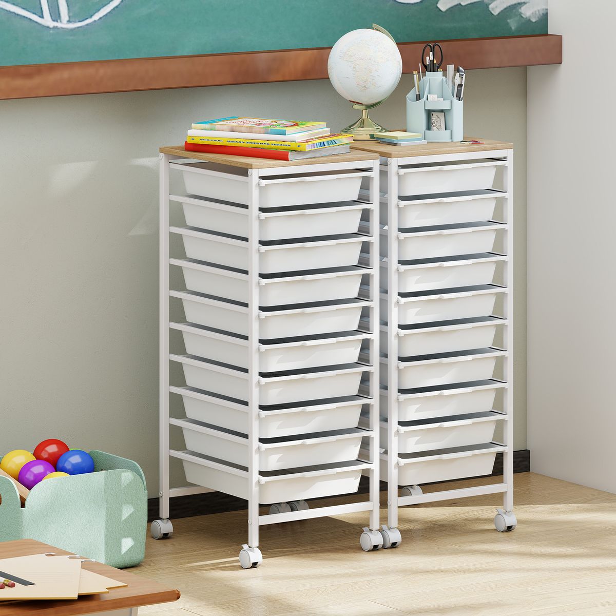 Coast Rolcontainer met 10 lades - stabiel metalen frame - houten blad - wit - 37 x 32,5 x 85 cm