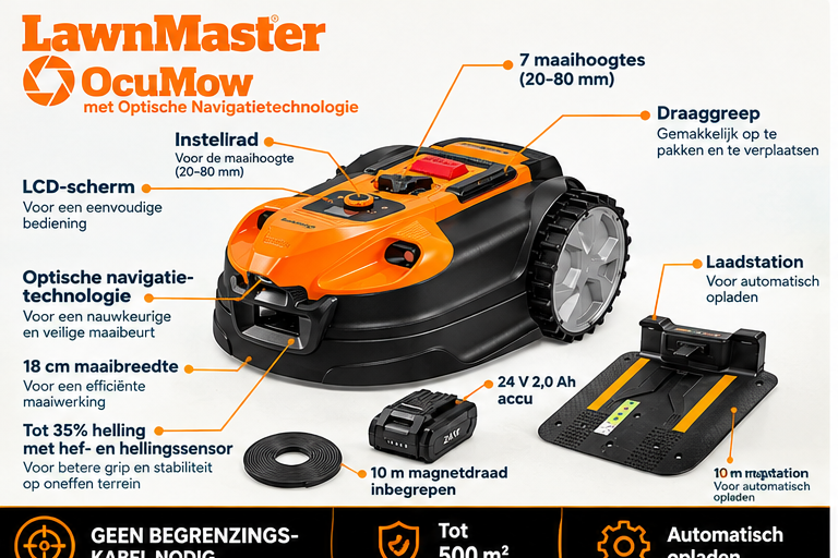LawnMaster VBRM18AMIDR Robotmaaier - Geel - 72,5 x 42,5 x 32,3 cm - Tot 500 m²