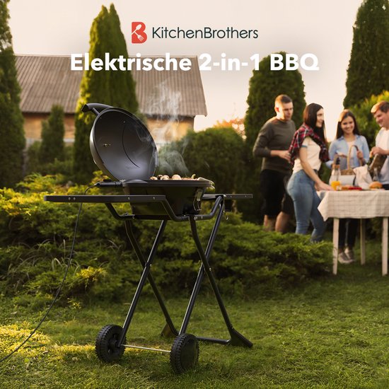 KitchenBrothers Elektrische BBQ - Opvouwbaar - Wielen - Zijtafels - 2400W - 250°C - 49 cm - Donkergrijs