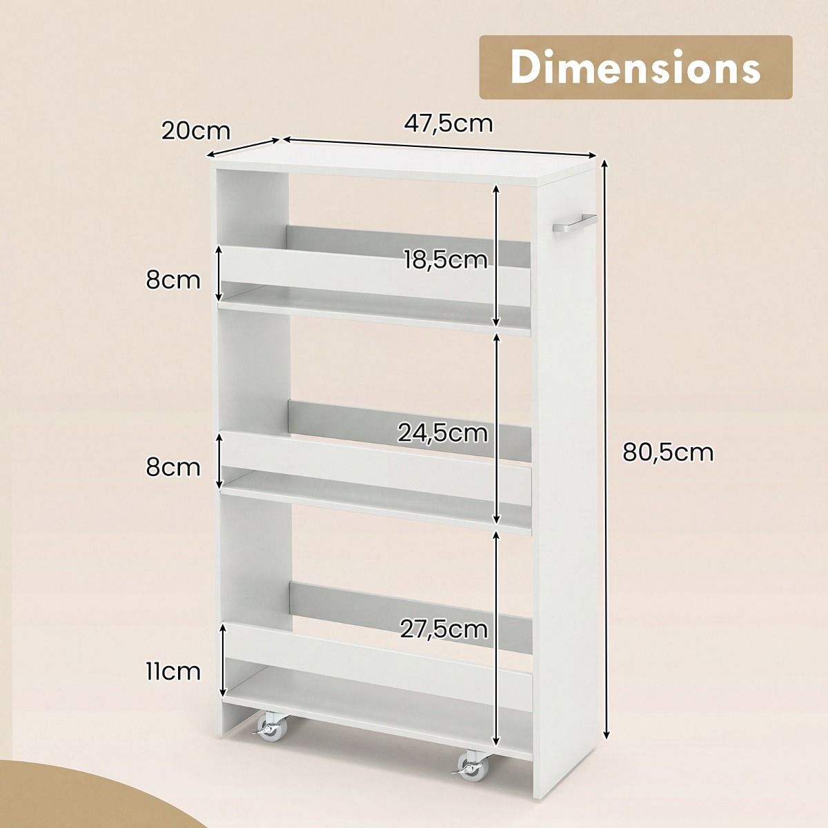Coast Keukentrolley - smal nissenrek op wielen - 4 verdiepingen - wit - 47,5 x 20 x 80,5 cm