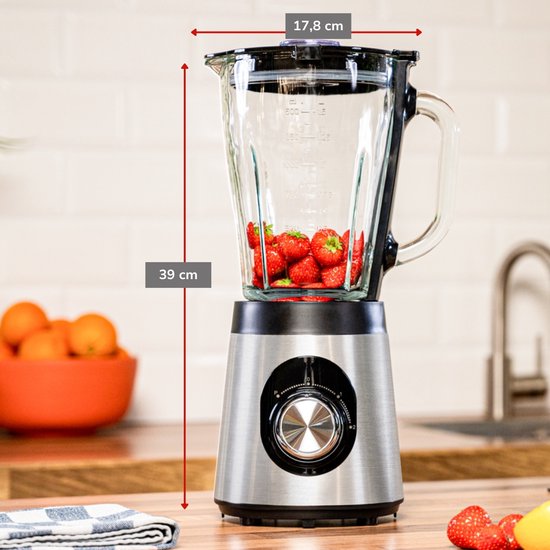 alpina Blender Smoothie 1.5L - Mixer 500W met Glazen Kan - Keukenmixer met 2 Snelheden en Pulserende Functie - Antislip Voetjes - Eenvoudig te Reinigen