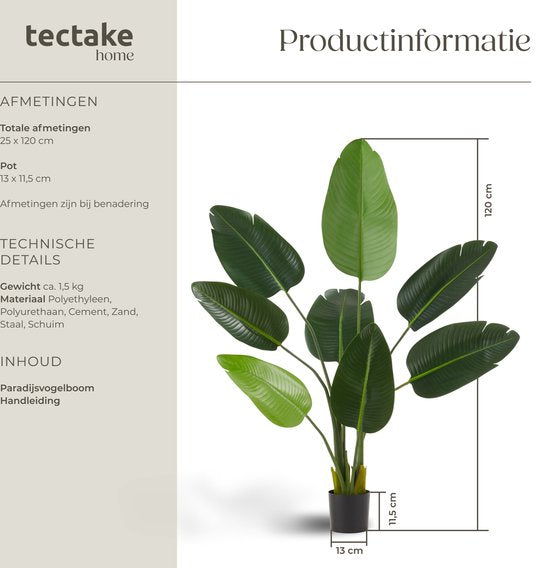 tectake® Kunstmatige Paradijsvogelboom Tropic – Strelitzia - Natuurgetrouwe Kunstplant met Gedetailleerde Bladeren en Stevige Bloempot – Onderhoudsvriendelijk en Veelzijdig – Hoogte: 120 cm