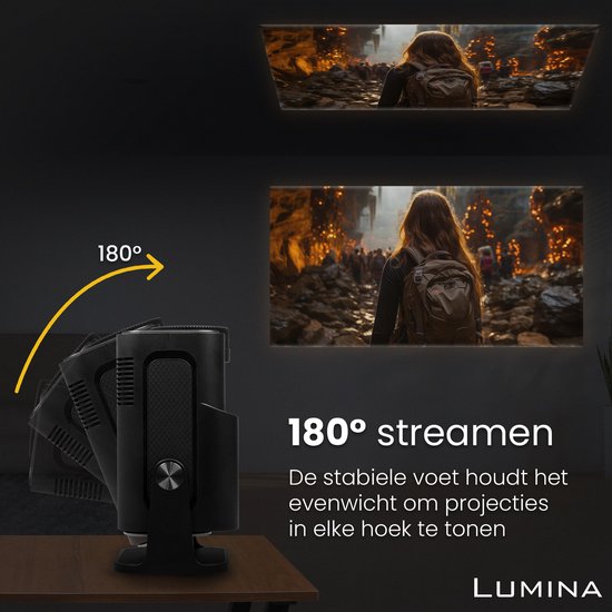 Lumina® Pro Mini Beamer 2025 – 4K Draagbare Smart Projector met WiFi 6 & Bluetooth 5.2 – Compatibel met iOS & Android – Ideaal voor Thuisbioscoop – Zwart