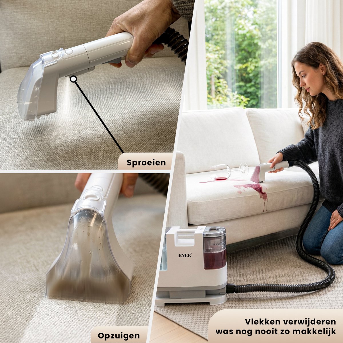 Ryer Vlekkenreiniger - Wit - 400 W - 9000 Pa Zuigkracht - Dubbele Watertanks 1,9 L - 4 Opzetstukken - 30 x 15 x 30 cm