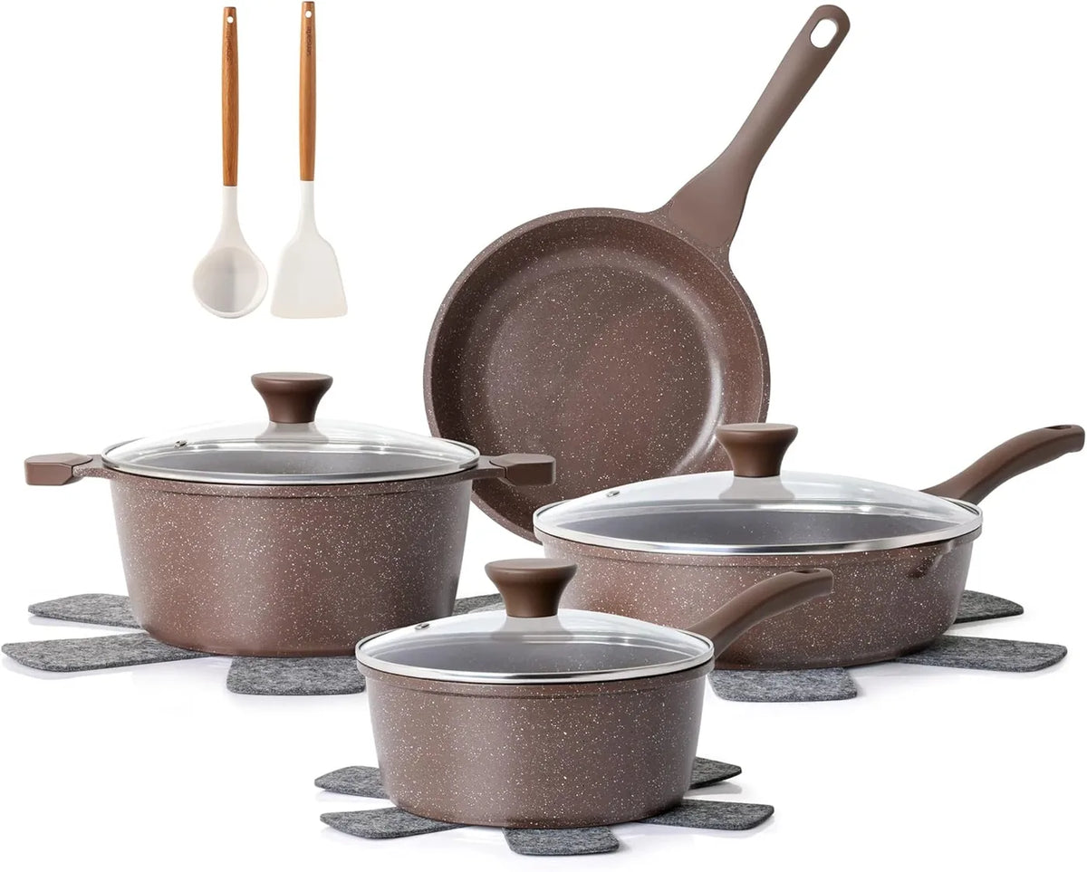 SENSARTE Antiaanbak Pannenset 13-Delig - Toffeebruin - Graniet Coating, PFOA-Vrij
