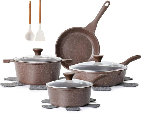 SENSARTE Antiaanbak Pannenset 13-Delig - Toffeebruin - Graniet Coating, PFOA-Vrij