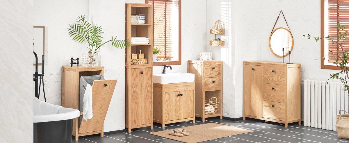 SoBuy BZR95-N Badkamerkast - Wood Composite Hoge Kast met Planken & Wasmand - 172 x 40 x 35 cm -Houtkleur