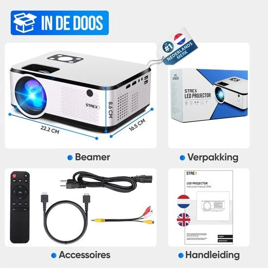 Strex Beamer – WiFi & Telefoonstreaming – 7000 lumen – 22 x 16 x 8,7 cm – Zwart