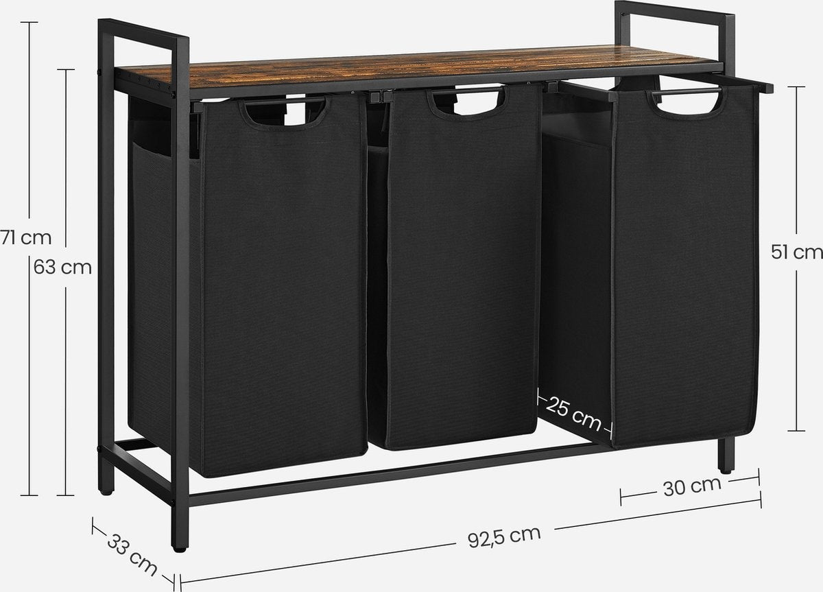 O'DADDY Wasmand met 3 Vakken – Houten Bovenblad & Metalen Frame – 114L – 92,5 x 33 x 71 cm – Zwart & Rustiek Bruin
