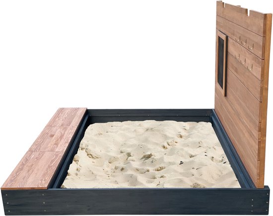 AXI Mandy Zandbak XXL met Opbergruimte en Deksel - Met Bankje en Krijtbord - Inclusief Gronddoek - 160 x 151 cm - Antraciet/Bruin