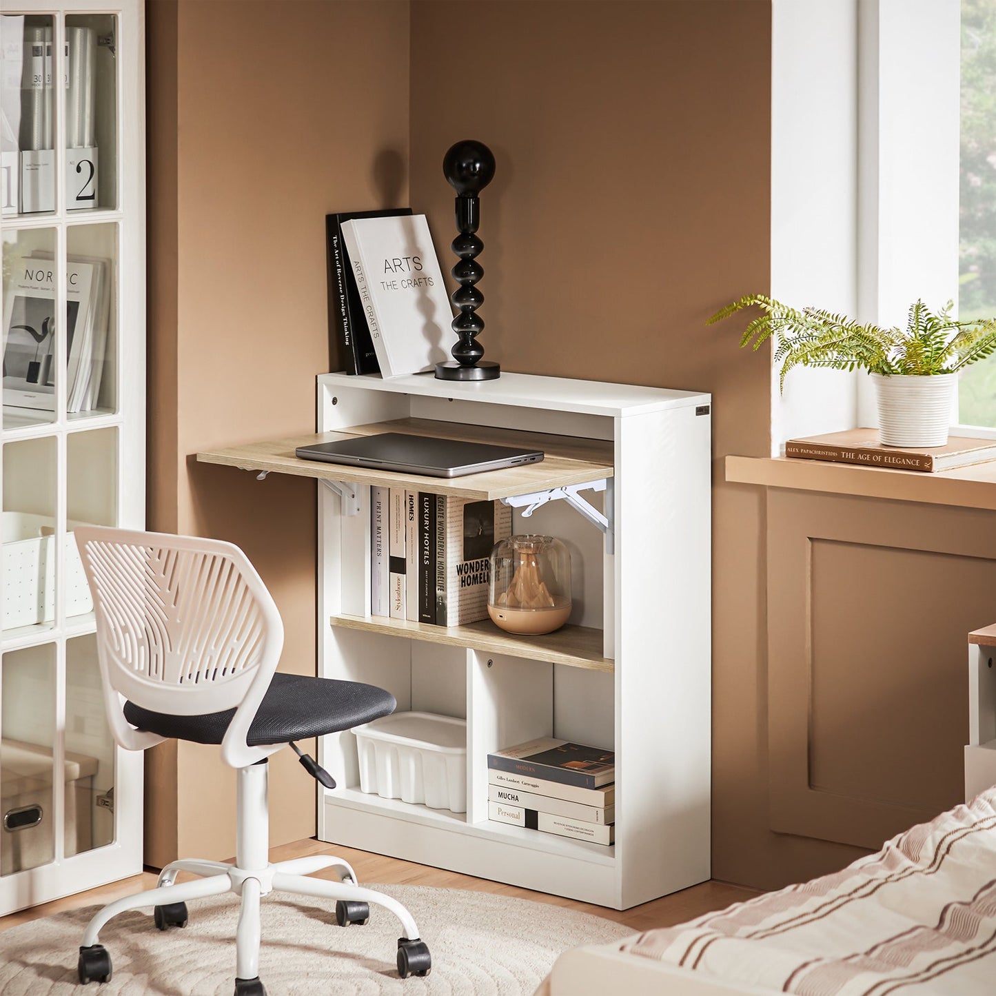 Ruimtebesparend Opvouwbaar Bureau met Opbergplanken – SoBuy FWT104-WN - wit - 70 x 57 x 85 cm
