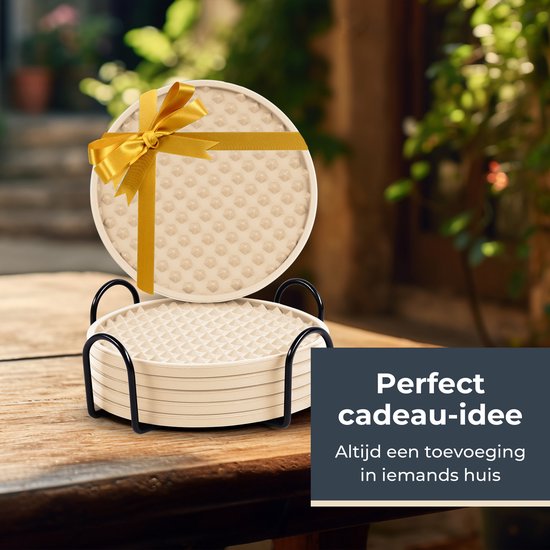 Castagnola Siliconen Onderzetters – Onderzetters voor Glazen – Design Onderzetters met Houder – Onderzettersset – Anti Slip - Set van 6 – Beige