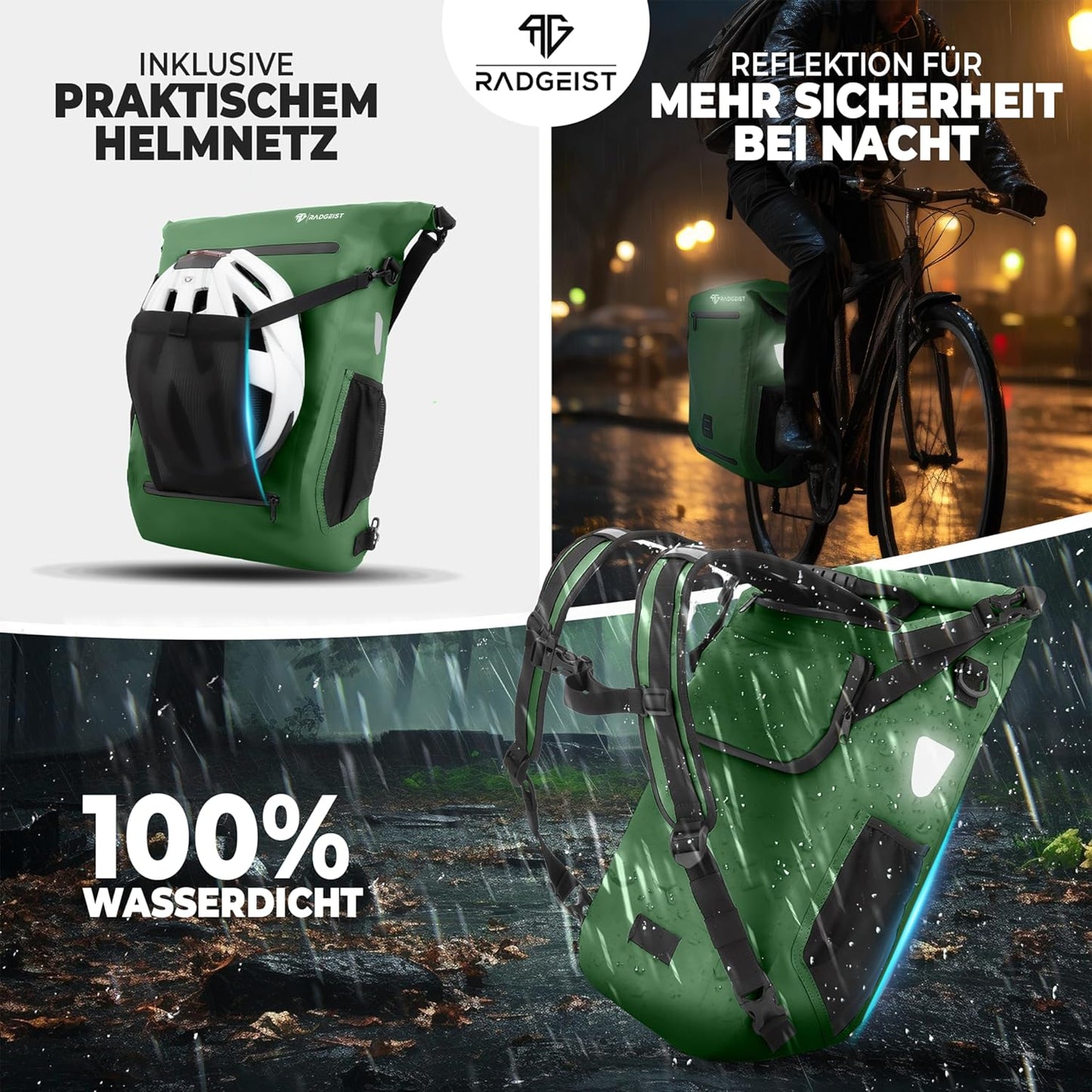 RADGEIST 3in1 fietstas voor bagagedrager I fietstas, rugzak & schoudertas 18-22L I tas voor fiets 100% waterdicht groen