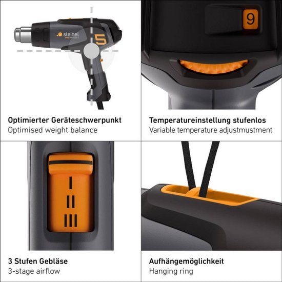 Steinel Heteluchtpistool HM 2120 E - 2200W - Verfafbrander - Temperatuur instelbaar van 80-630°C - Luchtvolume instelbaar van 150-500l/min - incl. koffer en diverse mondstukken