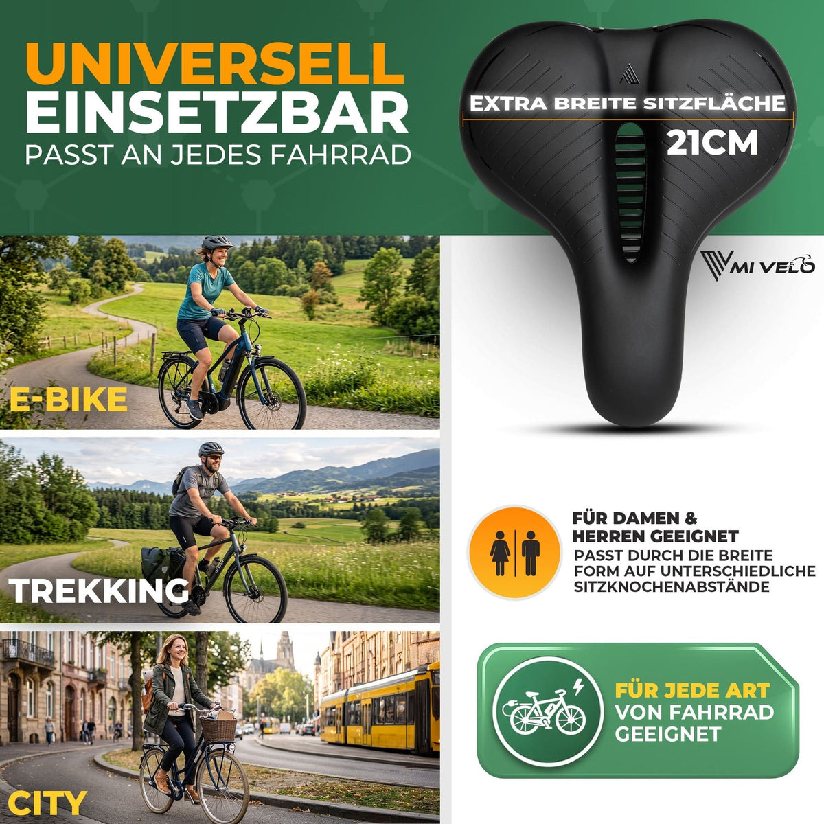 como Fietszadel met Vering - Extra Breed Comfort - Unisex - Voor E-bike & Stadsfiets