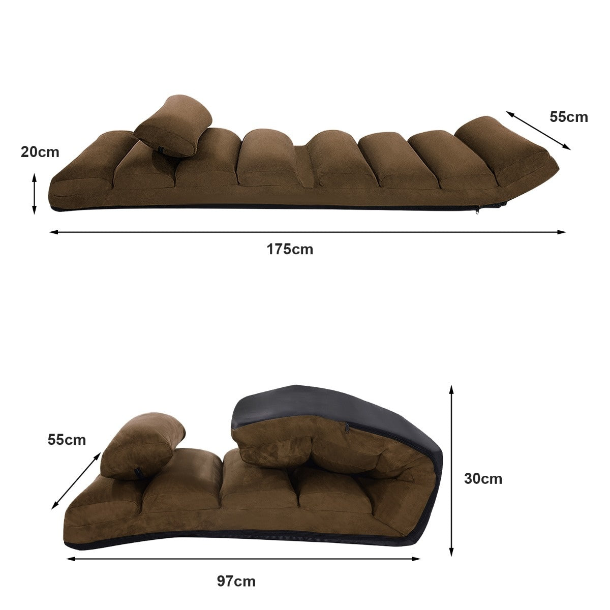 Coast vloerstoel met rugleuning opvouwbare vloerlounder 175 x 55 x 20 cm bruin
