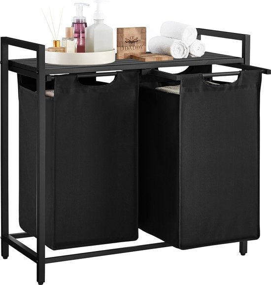 O'DADDY® Wasmand - 2 vakken – Uitschuifbare Wassorteerder Met Plank - 73 x 33 x 72 cm - Dark Grey
