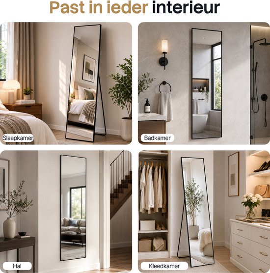 Infinity Goods Passpiegel - Wandspiegel - Staande Rechthoekige Spiegel - Luxe Metalen Rand - 160 x 40 cm - Zwart
