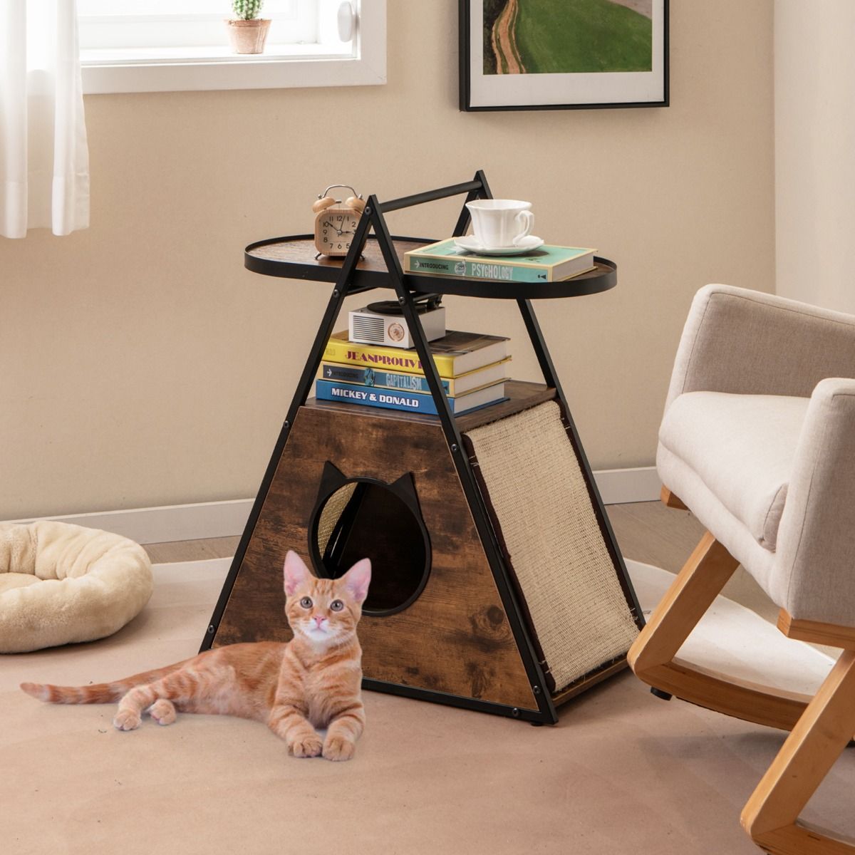 Coast Kattenkast Kattenhuis & Bijzettafel A-Frame Kattenmeubel met Kattenmand, 2 Krabmatten & 2 Planken – 60 x 33 x 76 cm – Bruin/Zwart