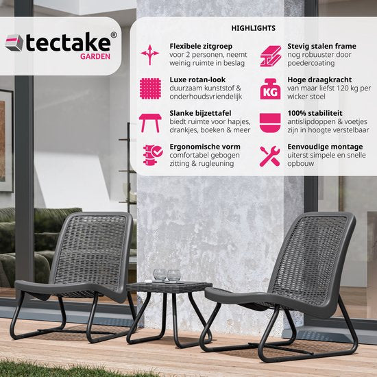 tectake® - Tuinmeubelset voor 2 personen - Buitenmeubels weerbestendig voor balkon - Tuinloungeset - Terrasmeubilair - Zitgroep met 2x loungestoelen en 1x tuintafel bijzettafel - rotan look - grijs