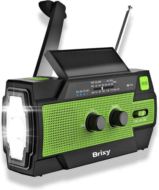 Brixy Noodradio - Radio Met Accu Batterij Voor Noodsituaties - 4000 MAH - Opwindbaar - Solar - Zaklamp - Powerbank - Groen