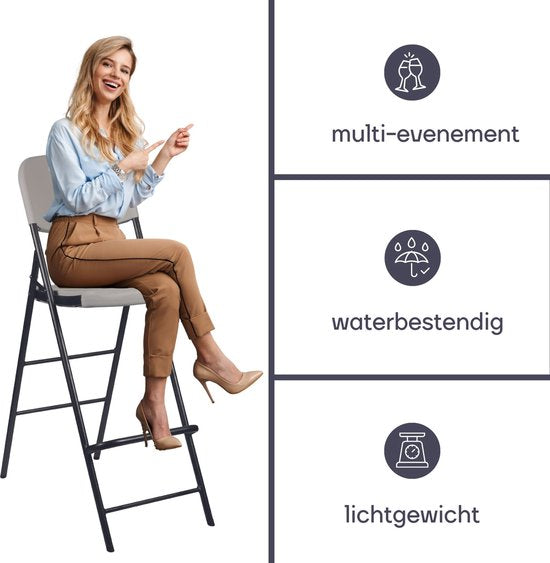 Perel Witte hoge klapstoel voor binnen en buiten, barkruk, met rugleuning en voetsteun, kunststof, ruimtebesparend, ideaal voor evenementen, feesten en catering, met stalen frame en weerbestendige zitting, 45 x 77 x 114 cm