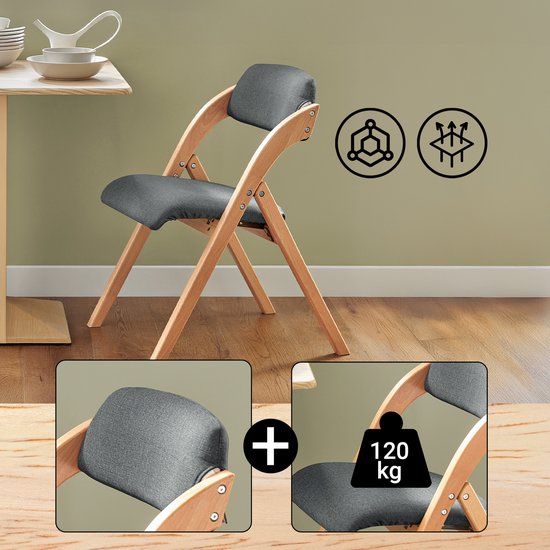 SoBuy Set van 2 Klapstoel, Bureaustoel met Gestoffeerd Zitkussen, Eetkamerstoel, Natuur/Donkergrijs, 47.5x77x59 cm, FST92-SGx2 - voor eetkamer, balkon of kantoor