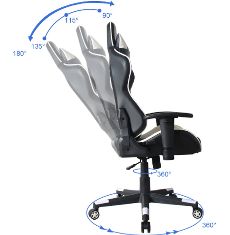 VDD HUKY1010_WITZWART Gamingstoel - Verstelbare Rugleuning 180° - 360° Draaibaar - 120-130 cm - Zwart/Wit