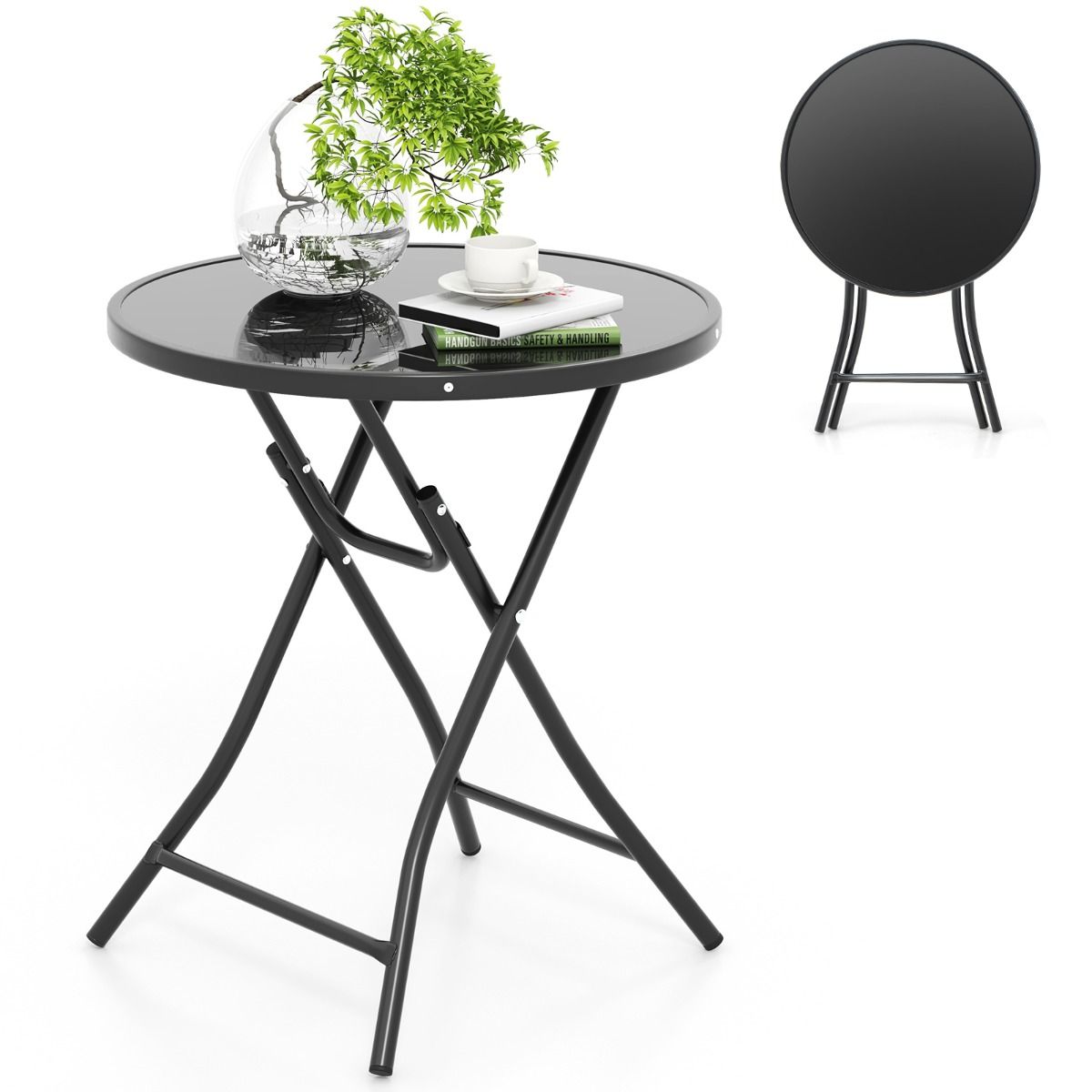 Coast Ronde Opvouwbare Bistrotafel – Terras- en Cocktailtafel met Gehard Glas en Metalen Frame - 47x50 cm - Zwart