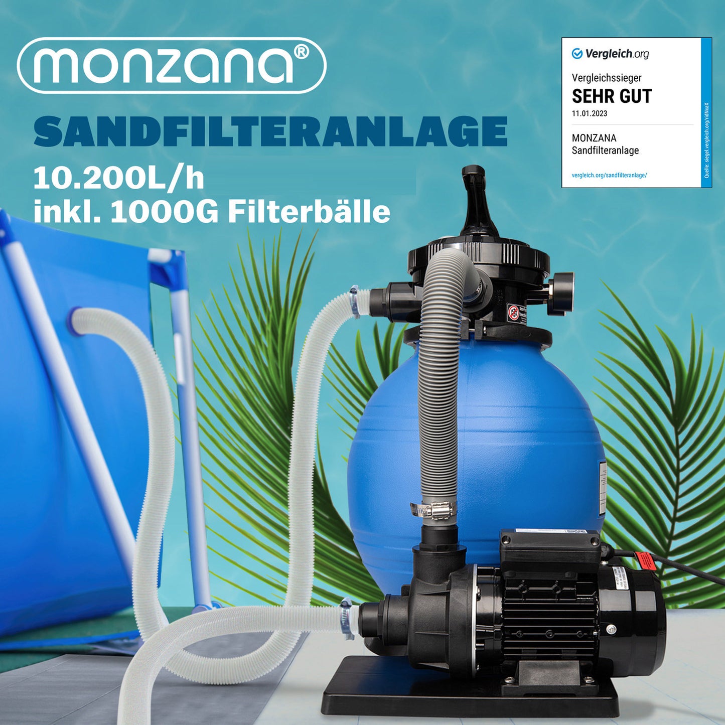 Monzana Zandfiltersysteem 10.200 l/h - 7 Wegklep Ø32-38mm Blauw