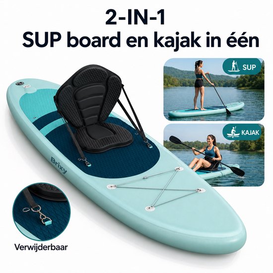 Brixy 2-in-1 SUP Board - met Zitje - Opblaasbaar Paddle Board - Complete Set - 335 cm - Max. 175 kg - Mintgroen/Blauw