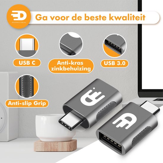 Drivv. USB C naar USB A Adapter – 2 stuks - Space Grey - Thunderbolt 3 - USB 3.0 - 5Gbps
