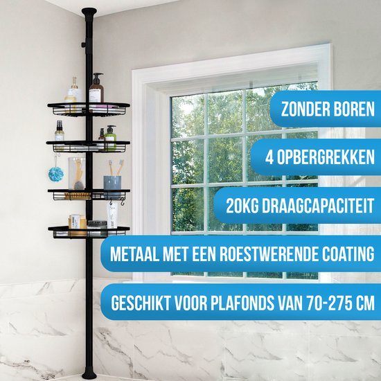Strex Telescopisch Doucherek Zwart - Verstelbaar 70-275 cm - 4 Mandjes - Robuuste Kwaliteit - Doucherek zonder Boren of Schroeven - Badkamer Rekje