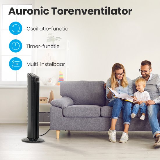 Auronic Torenventilator - Staande Ventilator met Afstandsbediening - Vloerventilator - Timer - Kolomventilator - Fan - 50W - 45dB - 74cm - Zwart