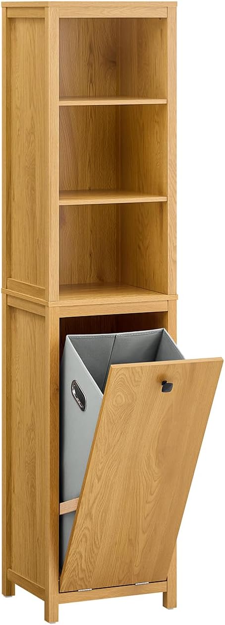 SoBuy Hoge Badkamerkast met Wasmand en 3 Planken - Wandmontage - Hout - 40 x 35 x 173 cm