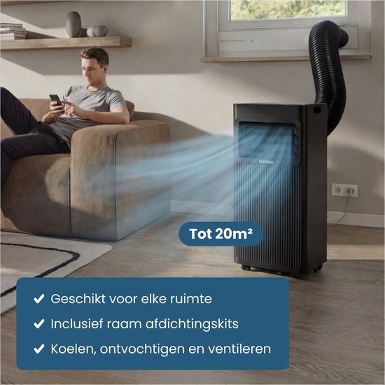 Auronic Mobiele Airco - 7.000 BTU - 3-in-1 - Airconditioning met 2 Raamafdichtingskits - Ventilator - Ontvochtiger - Tot 20m² - Zwart